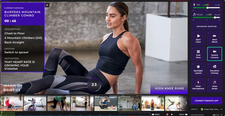 Designed specifically for online live group wellness, stream manager makes live online fitness more entertaining and accountable. Switch cameras, receive tips and be guided through an on-screen autocue.